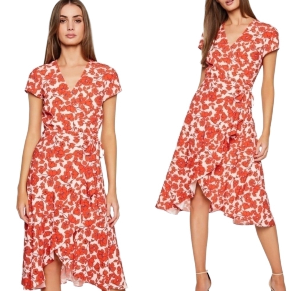 BARDOT Fiesta Red Floral Faux Wrap Dress